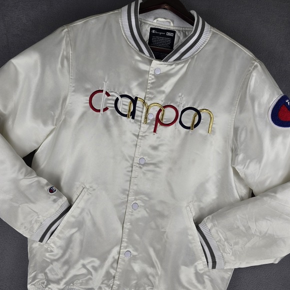 Kith Champion Jacket Mens Large White Satin Bomber Quilted‎ Varsity Logo Coat